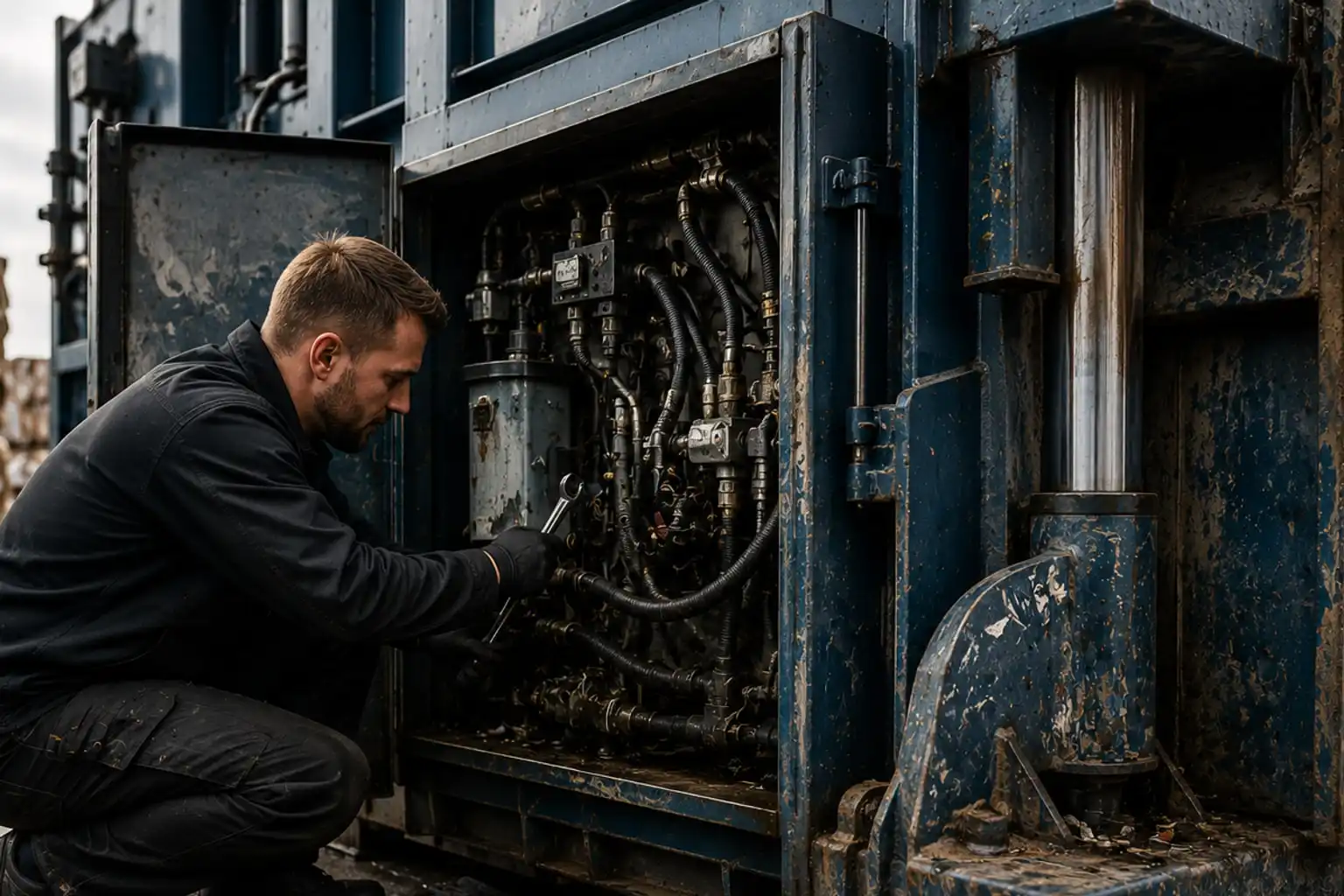 Tekniker på huk vid en öppnad servicelucka på en blå balpress, med hydraulslangar, kopplingar och en cylinder synliga innanför luckan.